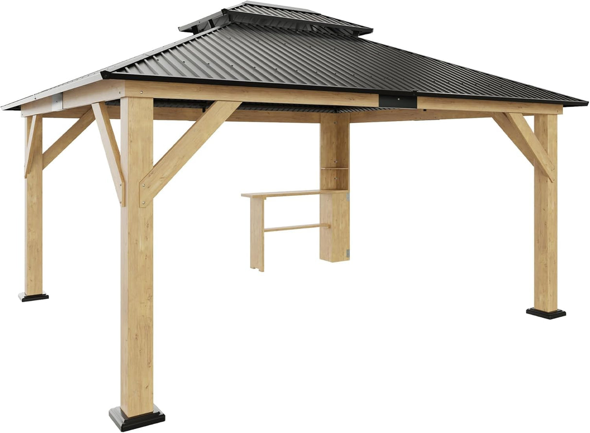 AMERLIFE 13x15 Spruce Wood Gazebo, Hardtop Gazebo with Double Iron Roof & Storage bar, Outdoor Paviloin with Wood Frame for Patio, Parties, Garage, Lawns AMERLIFE