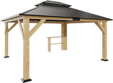 AMERLIFE 13x15 Spruce Wood Gazebo, Hardtop Gazebo with Double Iron Roof & Storage bar, Outdoor Paviloin with Wood Frame for Patio, Parties, Garage, Lawns AMERLIFE