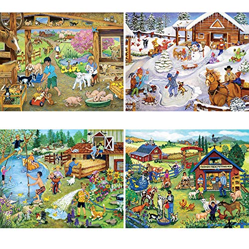 Bits and Pieces – 4-in-1 Multi-Pack 300 Piece Jigsaw Puzzles for Adults – Fun on The Farm by Artist Sandy Rusinko, Completed Puzzle Size: 16" x 20" Bits and Pieces