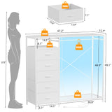 47 Inch White Dresser with LED Lights & Hanging Rack, 5 Drawer Fabric Dresser with Charging Station and Shelves, Tall Closet Organizer for Bedroom Clothes Storage Harpaq