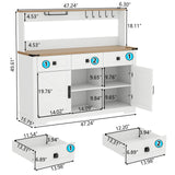Gyfimoie Farmhouse Bar Cabinet with Hutch, Kitchen Buffet Cabinet with Storage Cabinet & 3 Sliding Drawers, Adjustable Shelf, Goblet Holder, Cup Hooks for Living Room, Dining Room Use (White) Gyfimoie