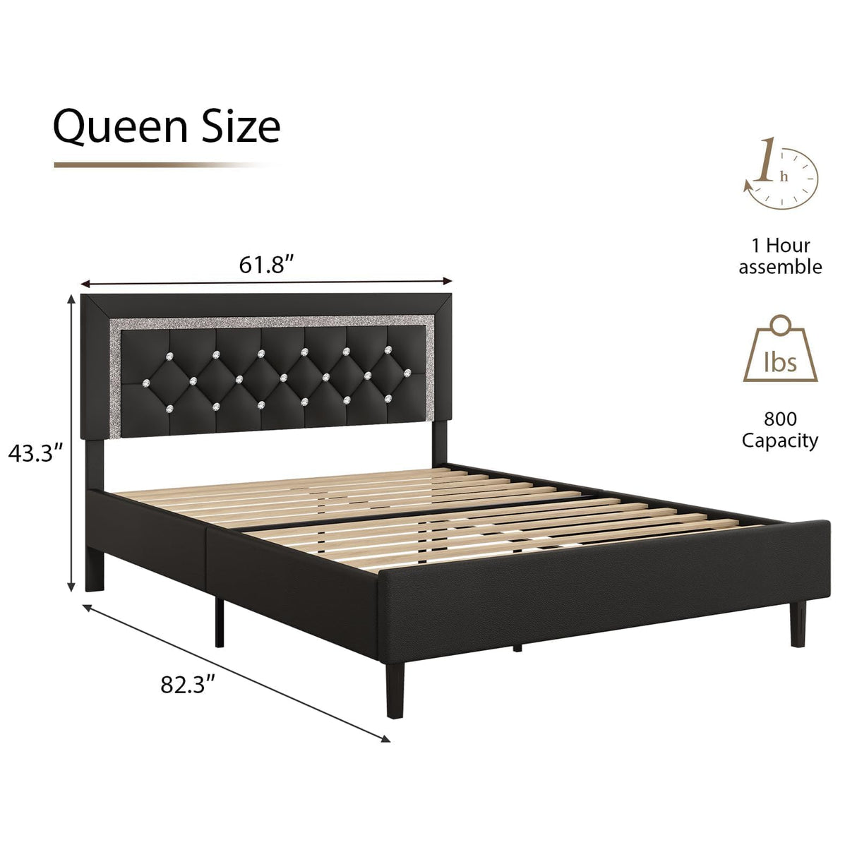 BarnFurin Queen Bed Frame with Tufted Button Headboard, Upholstered Platform Bed Frame with Diamond Design, Strong Wood Slat Support, No Box Spring Needed, Easy Assembly, Black BarnFurin