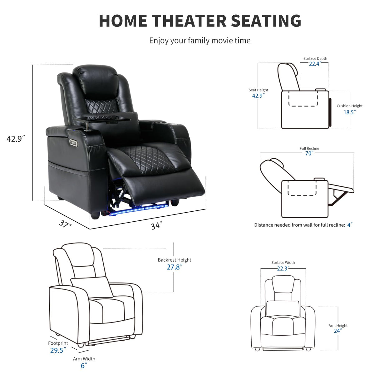 Airadlis Home Theater Seating Seats, Game Movie Theater Chairs Theater Recliner Sofa with 7 Colors Ambient Lighting, Lumbar Pillow, Side Pocket, Tray Table, Power Recline, Black Airadlis
