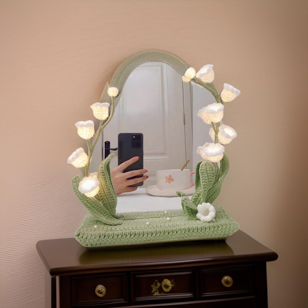 kasthamandap wooden Makeup Vanity Mirror with led Light, Handcrafted Crochet Flower Accent for Room Decoration - WoodArtSupply