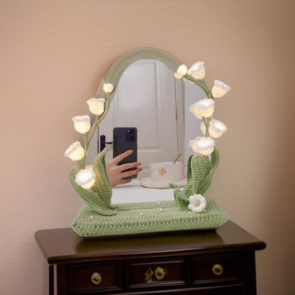 kasthamandap wooden Makeup Vanity Mirror with led Light, Handcrafted Crochet Flower Accent for Room Decoration - WoodArtSupply