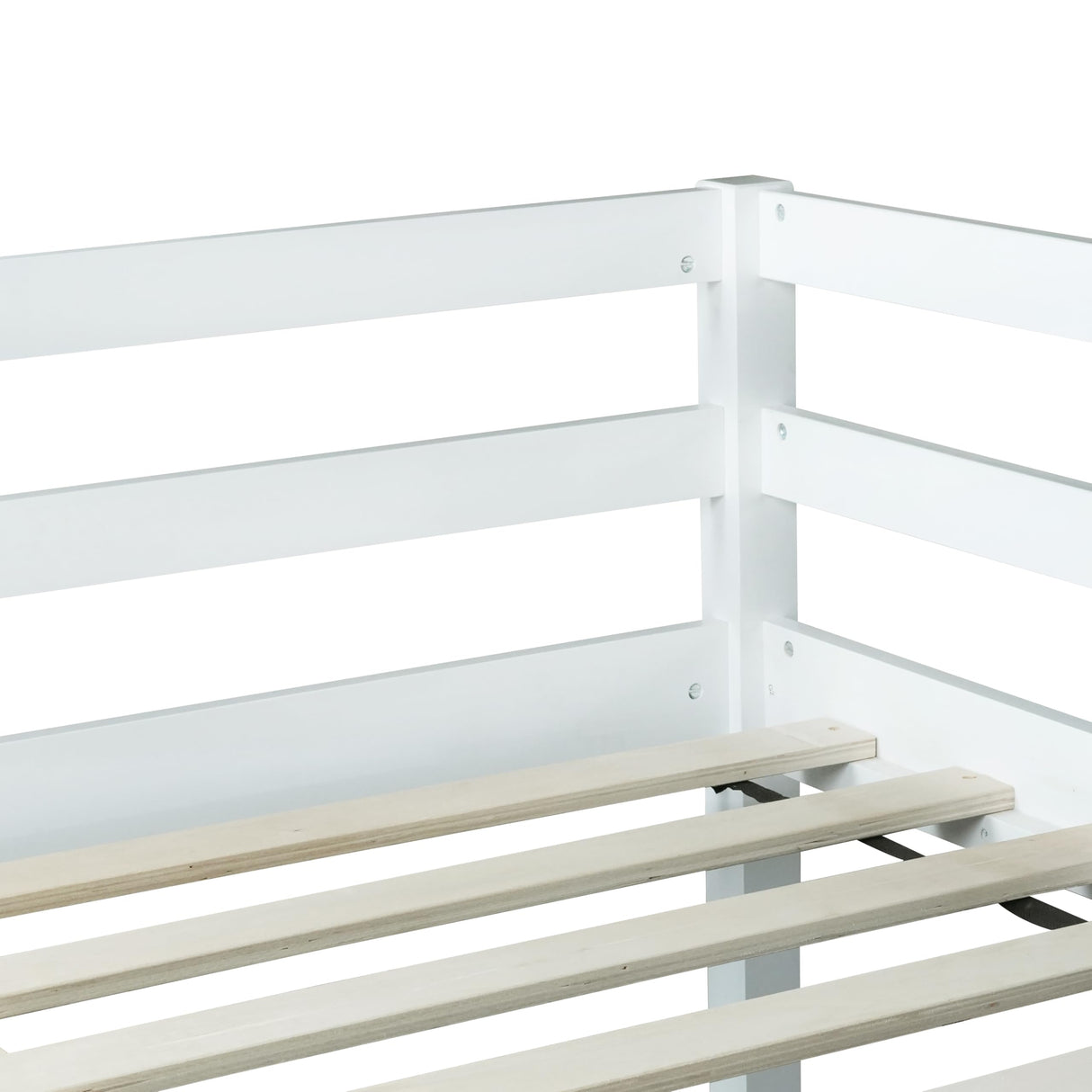 KEIKI Full Loft Bed with Ladder & Guardrails, Low Bed Frame with Storage Space, Rubberwood Loft Bed Frame for Kids Boys Girls Teens, White KEIKI