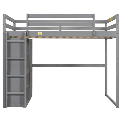 Contemporary Gray Full Size Loft Bed with Integrated Wardrobe and Storage, LED Light & Guardrails - WoodArtSupply