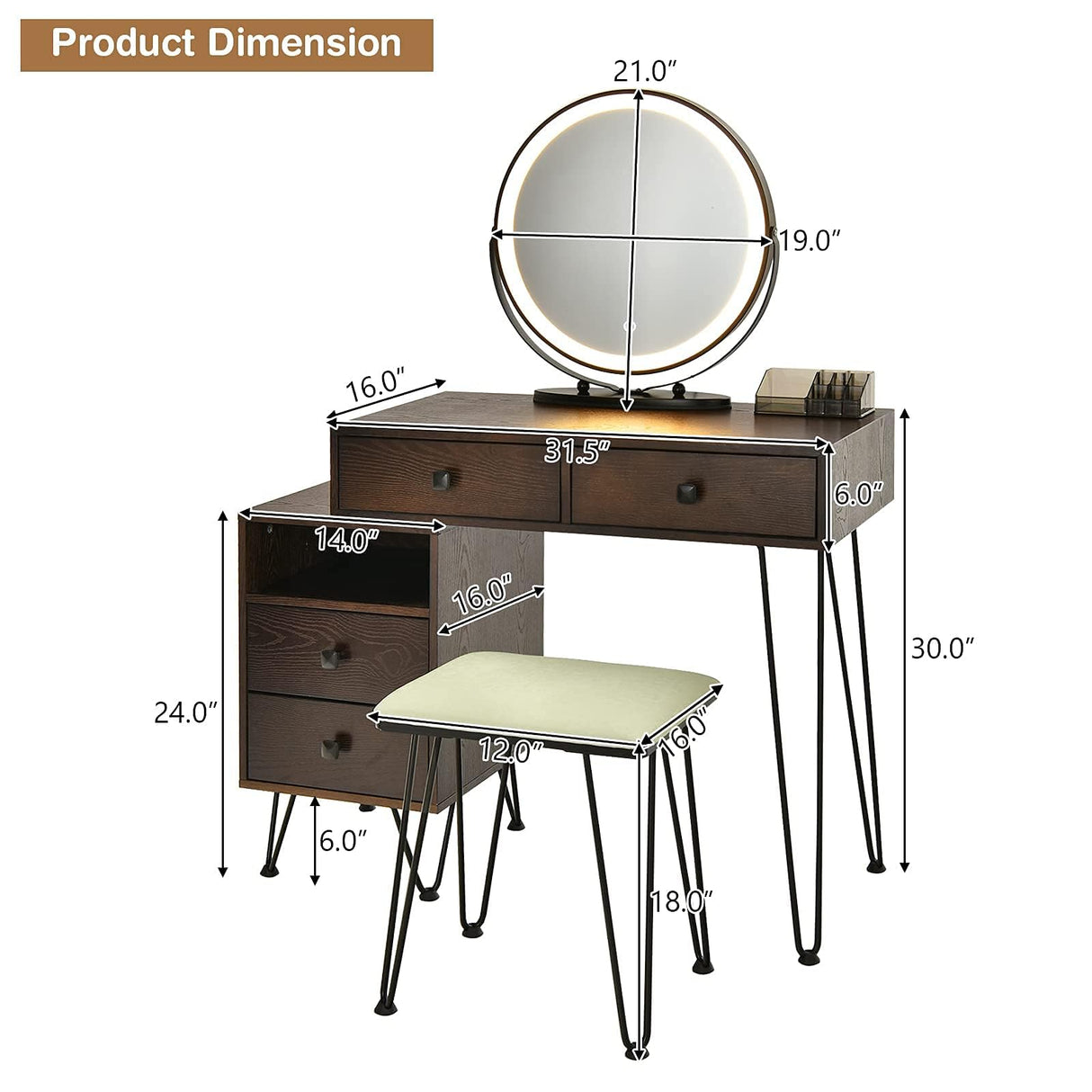 Byroce Vanity Desk w/Lights & Mirror, Makeup Vanity Set w/ 4 Large Drawers & Jewelries Organizer, 3 Color Light Options, Industrial Dressing Table & Stool (Espresso) WoodArtSupply