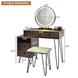 Byroce Vanity Desk w/Lights & Mirror, Makeup Vanity Set w/ 4 Large Drawers & Jewelries Organizer, 3 Color Light Options, Industrial Dressing Table & Stool (Espresso) WoodArtSupply