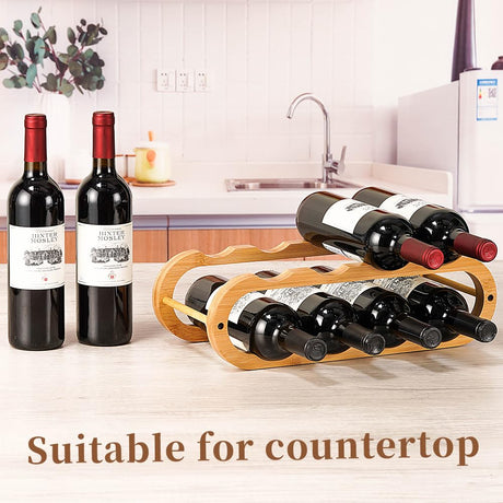 Navtcow Wine Rack and Water Bottle Organizer 2 in 1 for Cabinet and Countertop - Adjustable in 2 Sizes (Bamboo 2 Tier) Navtcow