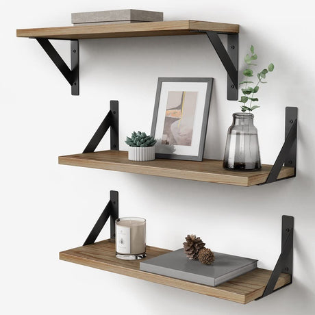 Forbena Set of 3 Floating Wooden Shelves with Black Metal Brackets - Versatile Wall Storage Solution Forbena