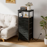 Furnulem Vertical Dresser with Charging Station and LED Lights, Black Chest of Drawers with Shelf and 5 Fabric Bins, Tall Nightstand for Entryway, Closet, Bedside Table, Wood Top, Bedroom Furniture Furnulem