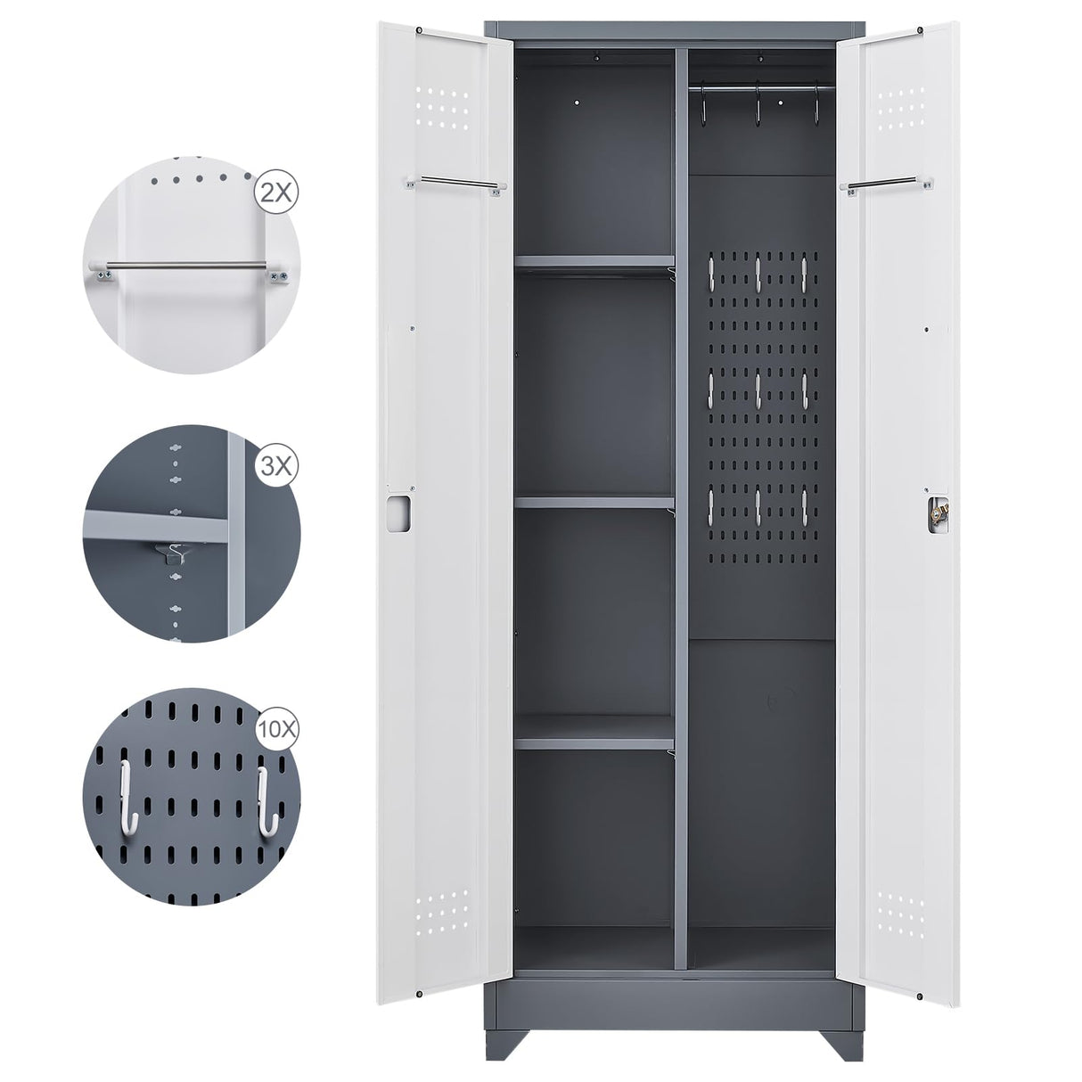 FLEXIMOUNTS 65'' Tall Metal Storage Cabinet with Locking Door, Large Cleaning Tool Organizer for Brooms, Garage, Laundry Room, Bathroom, Grey-White FLEXIMOUNTS