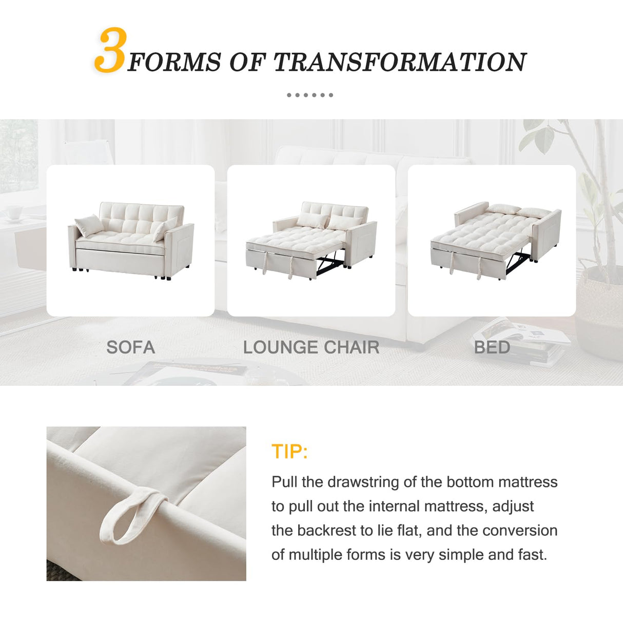 FENFSHE Futon Sofa Bed, Modern Velvet 3 in 1 Convertible Sleeper Sofa Couch Bed, Pullout Couch Bed with Adjustable Backrest, Storage Pockets and Toss Pillows for Living Room, Bedroom (Beige) FENFSHE