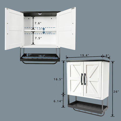 Timboniture Bathroom Cabinet Wall Mounted with 2 Barn Door, Wood Medicine Cabinet Organizer with Adjustable Shelf and Towel Bar, Storage Cabinet for Bathroom, Laundry, Living Room (White)