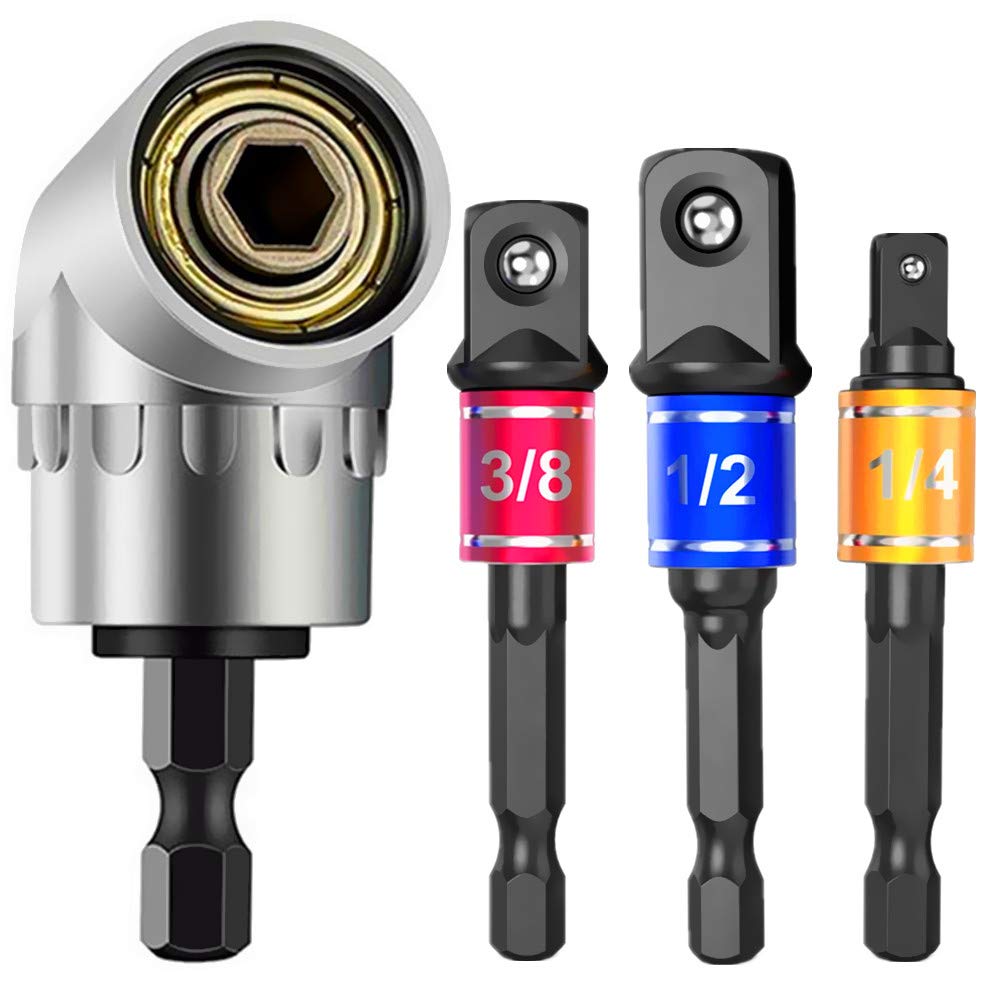 CIGOTU Impact Grade Power Hand Tools Driver Sockets Adapter Extension Set, 3Pcs 1/4 3/8 1/2" Hex Shank Drill Nut Driver Bit Set + 105 Degree Right Angle Driver Extension Screwdriver Drill Attachment CIGOTU