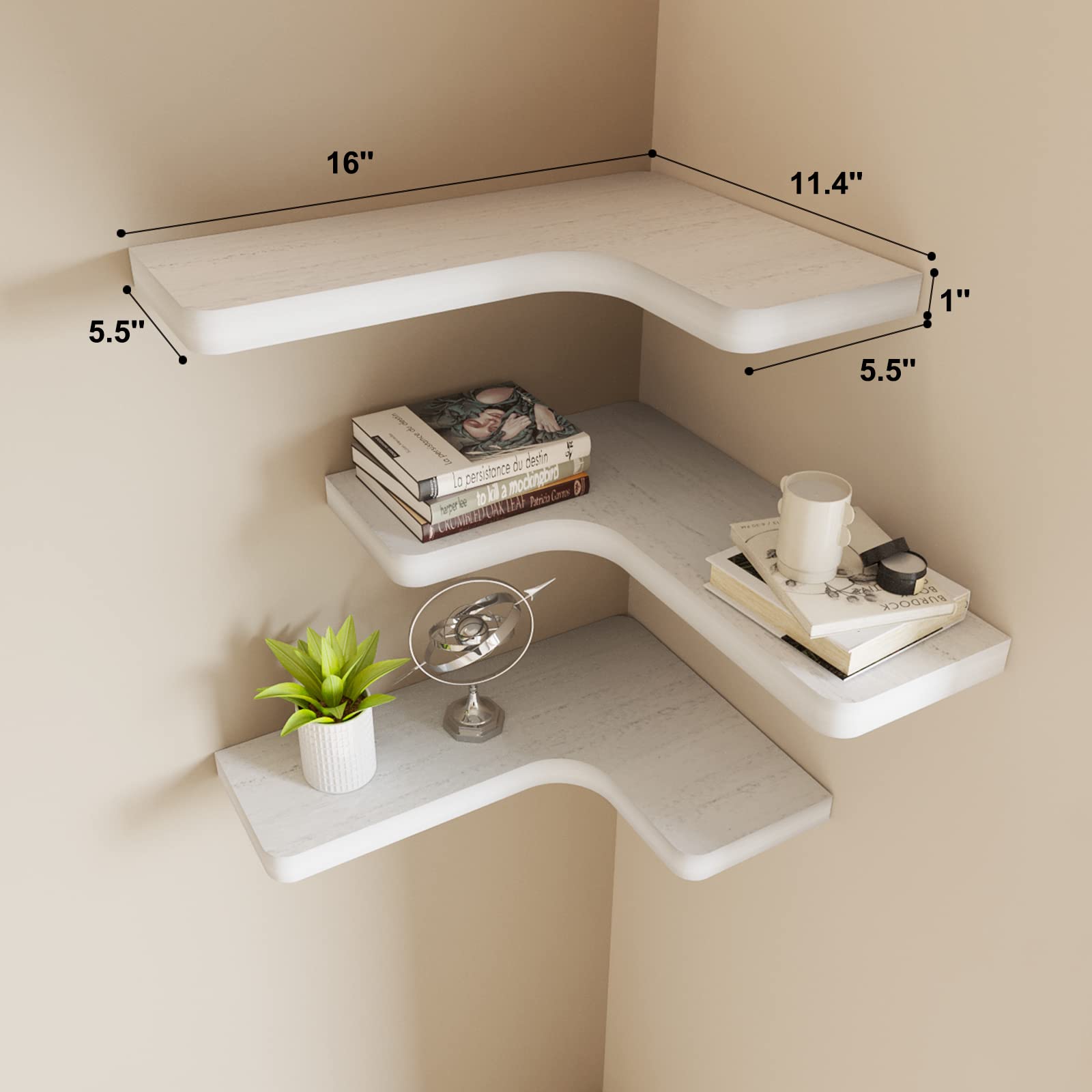 SAUMONIERES Corner Floating Shelves Wall Mount Shelf Solid Wood for Bedroom Bathroom Room Kitchen Storage Set of 3, White, Invisible Brackets - WoodArtSupply