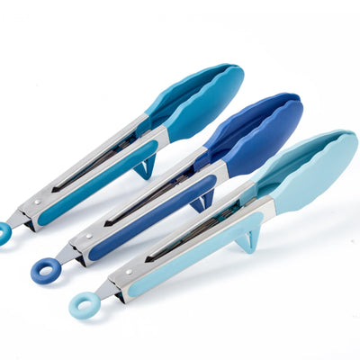 9" Kitchen Tongs, 3Pcs Tongs for Cooking with Silicone Tips, Food Grade Small Silicone Tongs, Mini Serving Tongs for BBQ Salad(Gradient Blue)