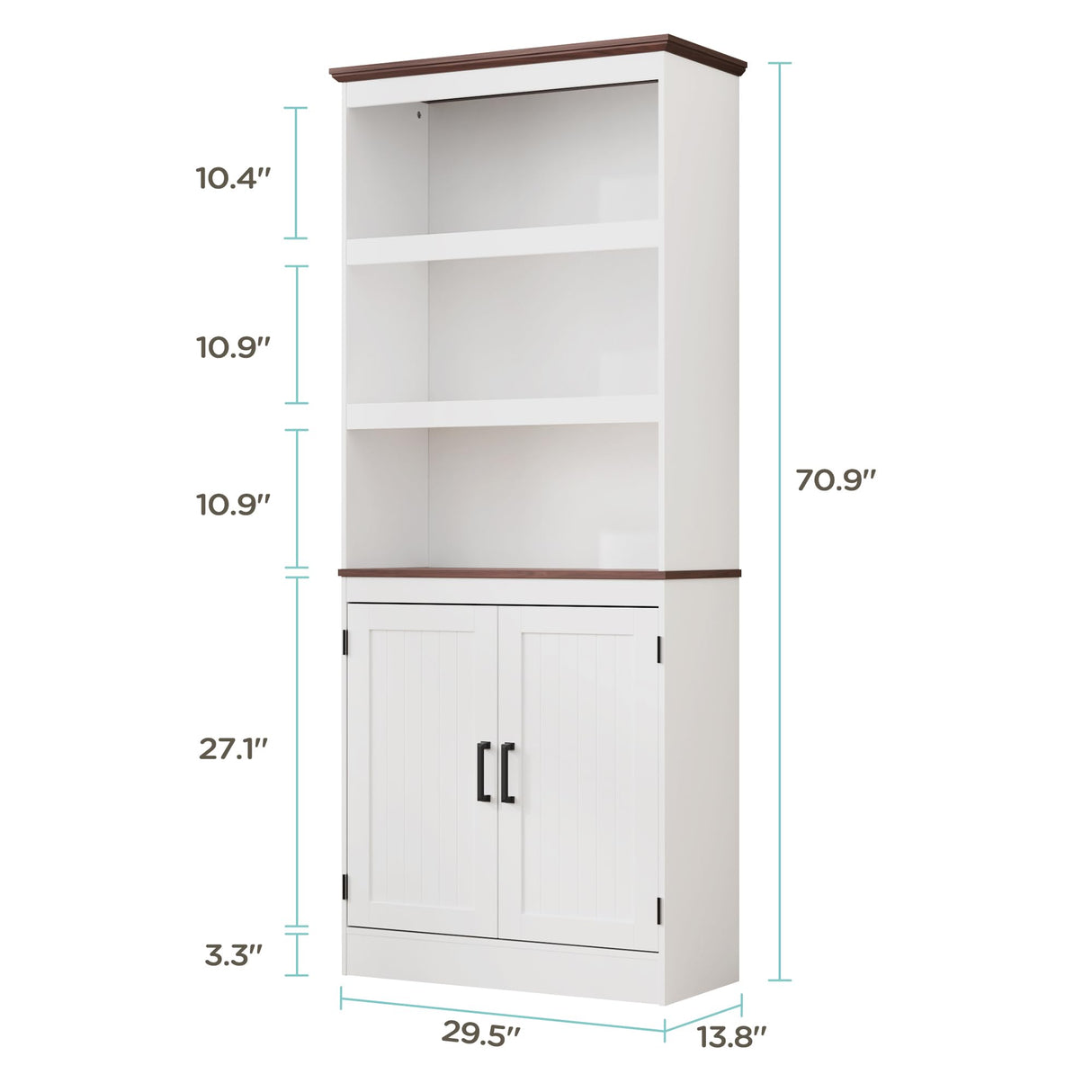 MHOM 71" Tall Bookshelf with Doors, 5 Tiers Farmhouse Bookcase with Adjustable Shelves, Wooden Rustic Display Cabinet for Home Office, Living Room, White MHOM