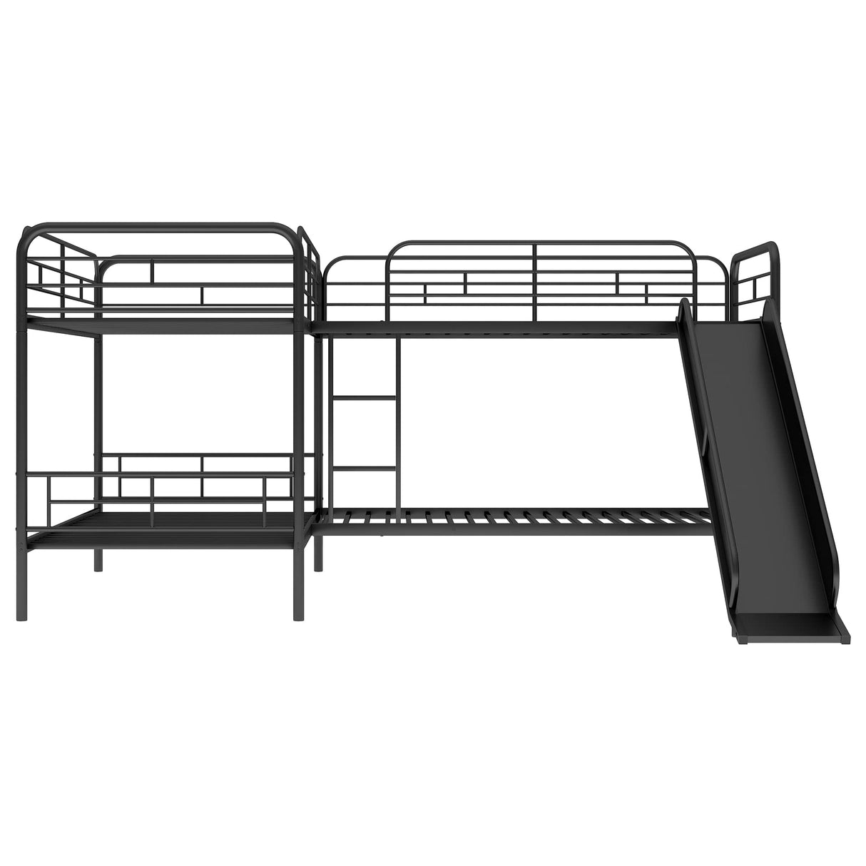 Merax L Shaped Bunk Bed for 4, Metal Quad Bunk Bed with Slide and Ladder, Twin Over Twin Bunk Bedframe with Full-Length Guardrail for Kids Teens Adults Bedroom Boys, 4 Twin Size Beds, Black Merax