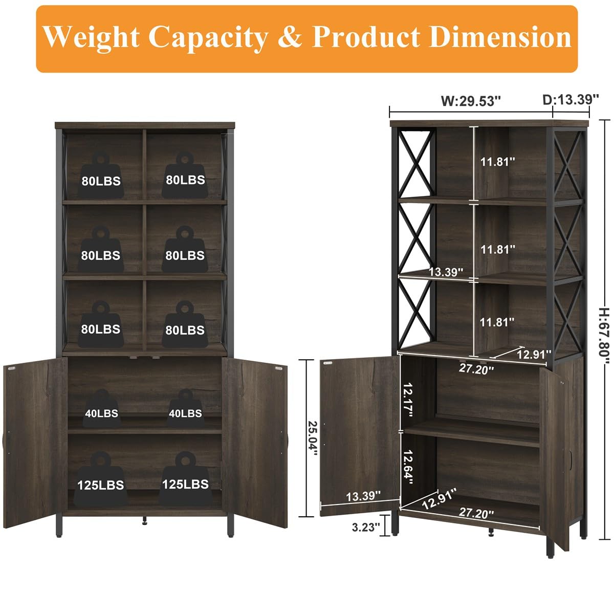 FATORRI Rustic Wood Bookshelf with Doors and Cabinet – Industrial Tall Bookcase in Walnut Brown - WoodArtSupply