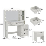 Diwnnue Large Farmhouse Mirror Vanity Desk with LED Bulbs White Makeup Table Set Glass Tabletop for Bedroom Charging Station & Power Outlet Adjustable Light Mode Diwnnue