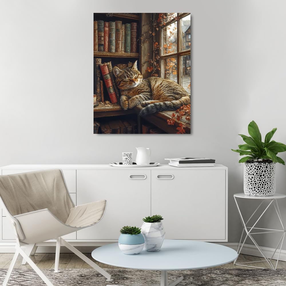Sleeping Cat Paint by Numbers Kit for Adults - Bookshelf Paint by Numbers for Adults Beginner, DIY Acrylic EasyPainting by Number on Canvas Home Wall Decor 16”W x 20”L Clendo