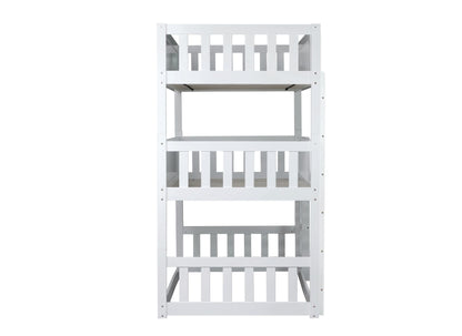 VilroCaz Modern Twin Over Twin Over Twin Triple Bunk Bed, Rubber Wood Detachable Triple Twin Bunk Bed Frame, 3-in-1 Bunk Beds with Ladder and Guardrails for Kids Teens, Maximize Space (White-ON)