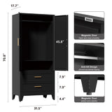 Washsemba 71'' Farmhouse Metal Wardrobe Cabinet with Hanging Rod, 2 Barn Door Wardrobe Closet with Adjustable Shelves,2 Drawer,for Dining Room,Bedroom,Living Room, Cloak Room,Office (Black) Washsemba