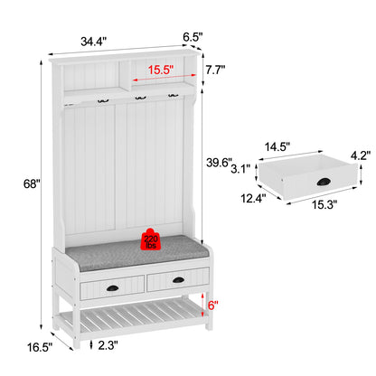 WOODTIME Hall Tree with Bench and Shoe Storage, Multi-Purpose Entryway Bench with Coat Rack, Padded Seat Cushion, 4 Double Hooks, Open Shelves and 2 Drawers, White