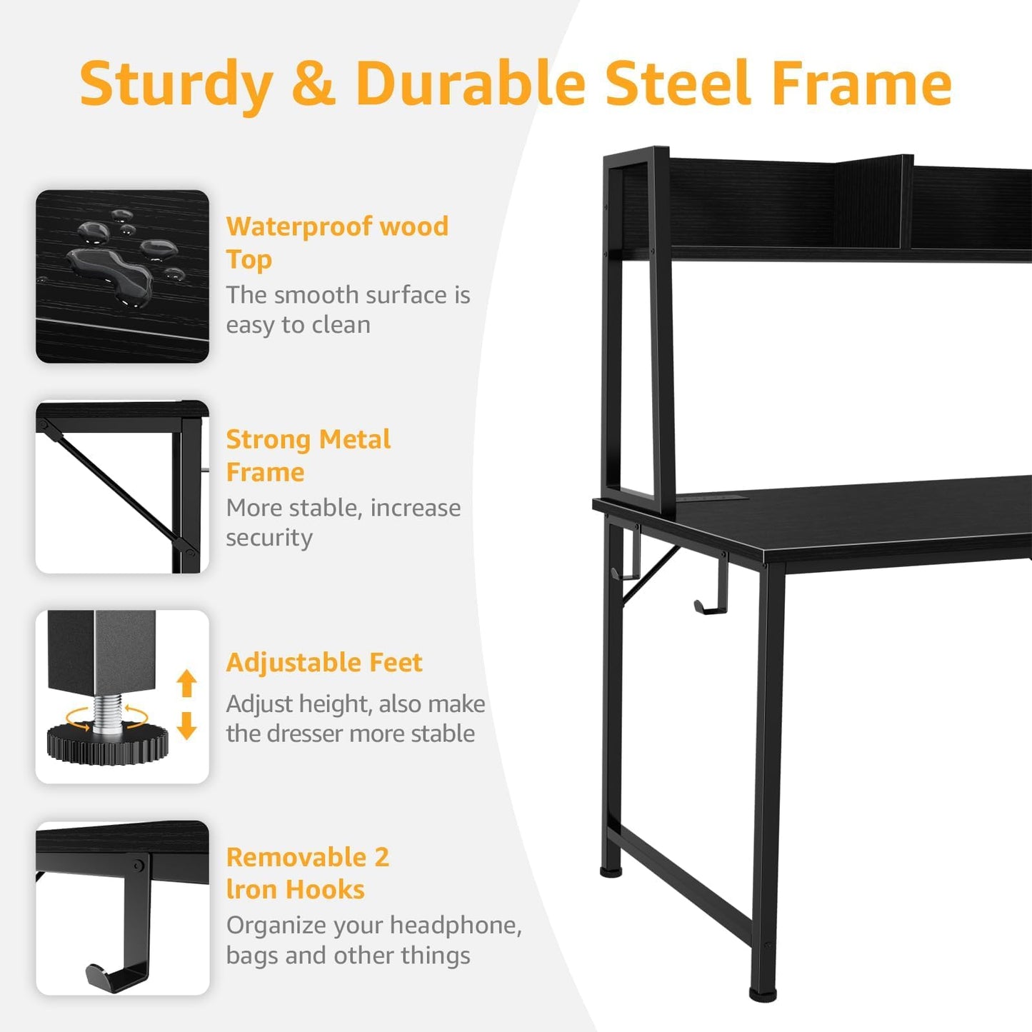 DLISITING Computer Desk with Hutch & Drawers - Office Study Writing 47 Inch Desk with 3 Drawers Storage Power Outlets, Modern Desk for Bedroom Home Office Black