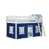 Max & Lily Low Bunk Bed, Twin-Over-Twin Bed Frame For Kids With Curtains For Bottom, White/Blue Max & Lily