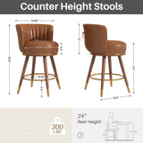 SeekFancy 24" Swivel Bar Stools Set of 2, Counter Height Bar Stools with Back, Leather Swivel Counter Stool with Wood Legs, Upholstered Pub Stools Brown Bar Chairs for Kitchen Island, 300lbs SeekFancy