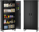 72" Garage Storage Cabinet with Wheels, Locking Metal Cabinet with Door Pegboard & 4 Adjustable Shelves, Heavy Duty Steel Rolling Tool Cabinet for Garage, Workshop, Home, Office - Black Tioutbot
