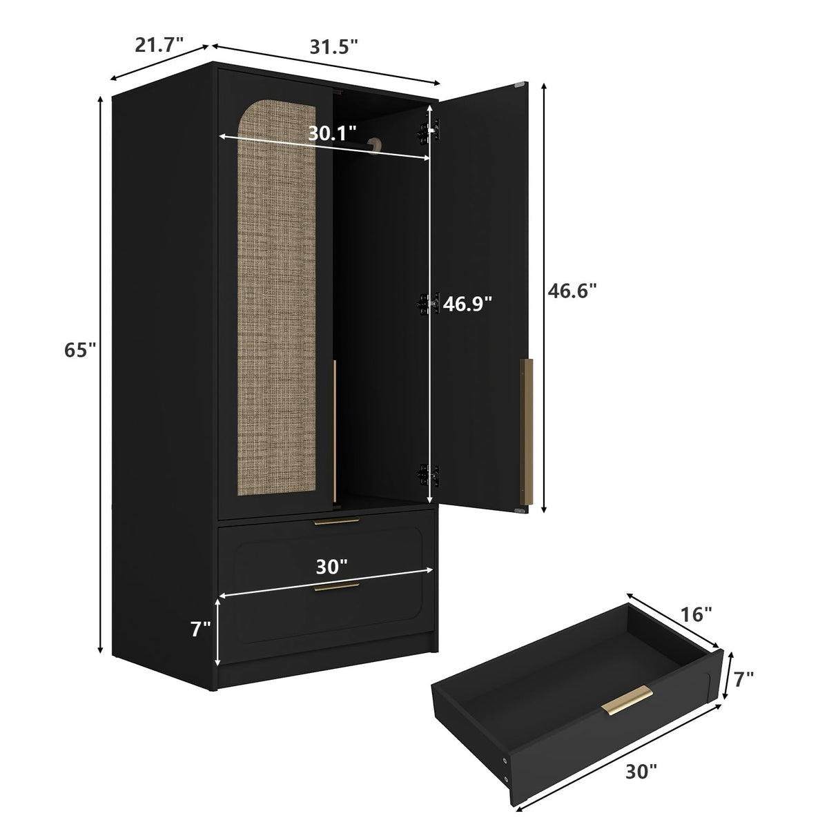 UZUGUL Armoire Wardrobe Closet with Door and 2 Drawer, Black Bedroom Armoire Cabinet with Hanging Rod,Wooden Wardrobe Storage Cabinet Closet with Large Storage for Bedroom (Black) UZUGUL