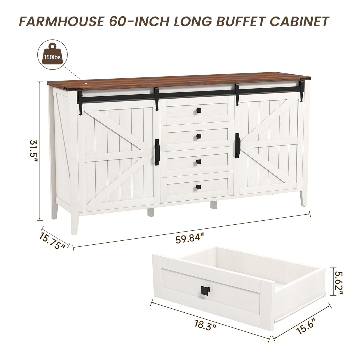 GlouMod 60" Farmhouse Buffet Cabinet with Storage, Sideboard with Shelves and Sliding Barn Door, Neoclassical White Dresser for Bedroom, Coffee Bar Cabinet for Kitchen, Living Room GlouMod