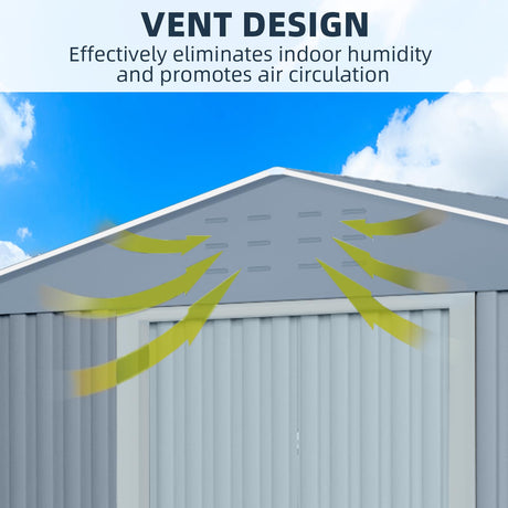10x10FT Outdoor Metal Storage Shed, Lockable Weatherproof Garden Shed for Tools & Equipment, Durable Galvanized Steel with Sloping Roof & Ventilation, Ideal for Backyard, Patio & Garage Storage, Grey BouPower