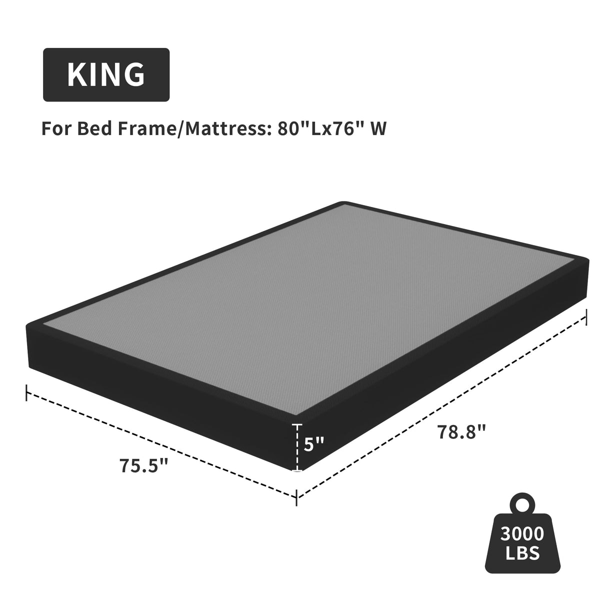 King Box Spring, 5 inch Box Spring for King Bed, Heavy Duty Metal Bed Frame with Fabric Cover, 3000lbs Max Weight Capacity Bed Base Mattress Foundation, Easy Assembly, Noise Free, Black Superay