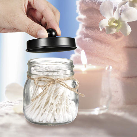 SheeChung Small Mason Jar, Glass Qtip Holder, Apothecary Jars with Lids, Bathroom Organizers and Storage, Bathroom Canister for Q-tips, Cottons, Floss, Balls, Cotton Swabs, Farmhouse Decor-Black SheeChung