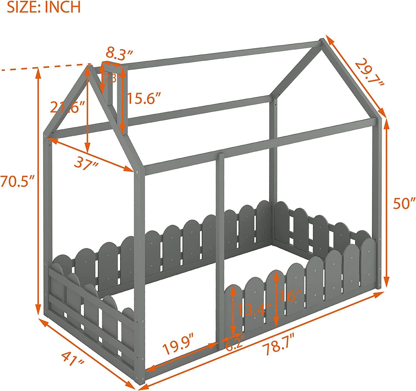 Harper & Bright Designs Grey Twin House Bed Frame with Fence Rails for Kids - WoodArtSupply