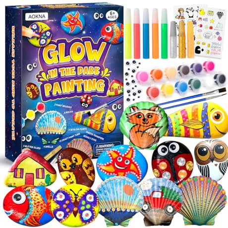 Sea Shell & Rock Painting Kit Glow in The Dark Creative Craft Kits Art Supplies for Kids Arts & Crafts Toys for Boys and Girls Ages 6-12 Art Painting Gift for Birthday Activities Aokna