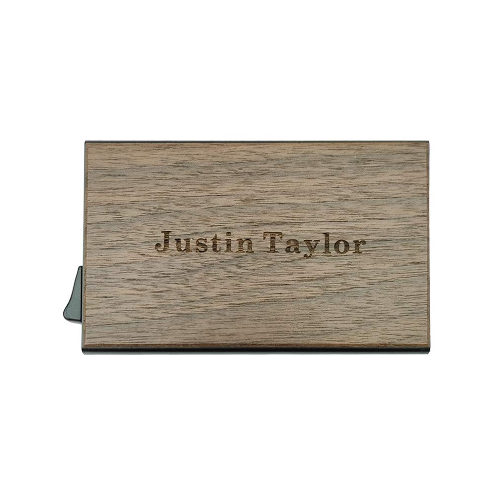 MOJIA Personalized Pop Up Wallet, Custom Engraved Wooden Metal Credit Card Holder for Men and Women, RFID Blocking Mini Bank Card Holder Case, Perfect Gifts (Walnut) MOJIA