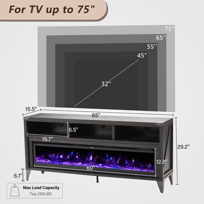 LUXOAK 65“ Fireplace TV Stand, Farmhouse Entertainment Center with 60" Tempered Glass Electric Fireplace, Industrial Media Console with Open Storage Space for TVs up to 75", Black