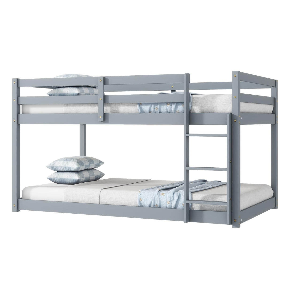 ZJIAH Low Bunk Bed Twin Over Twin, Solid Wood Floor Bunk Bed Frame with Ladder & Safety Guardrails, Twin Bunk Beds for Kids Boys and Girls, Saving Space, No Box Spring Needed, Gray ZJIAH