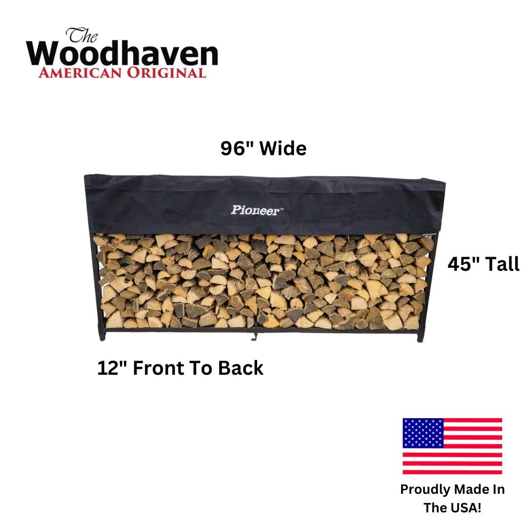 Woodhaven Pioneer 8' Firewood Rack with Cover - Black - Steel Outdoor Log Holder With Cover - Great For Short Wood - Made In The USA - Powder Coat Finish Woodhaven
