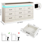 Hlivelood Large Farmhouse 9 Drawers Dresser for Bedroom with LED Light and Power Outlets,63" Wide Wood Rustic 9 Chests of Drawers for Closet,Tall Storage Dresser Organizer for Bedroom(Antique White) Hlivelood