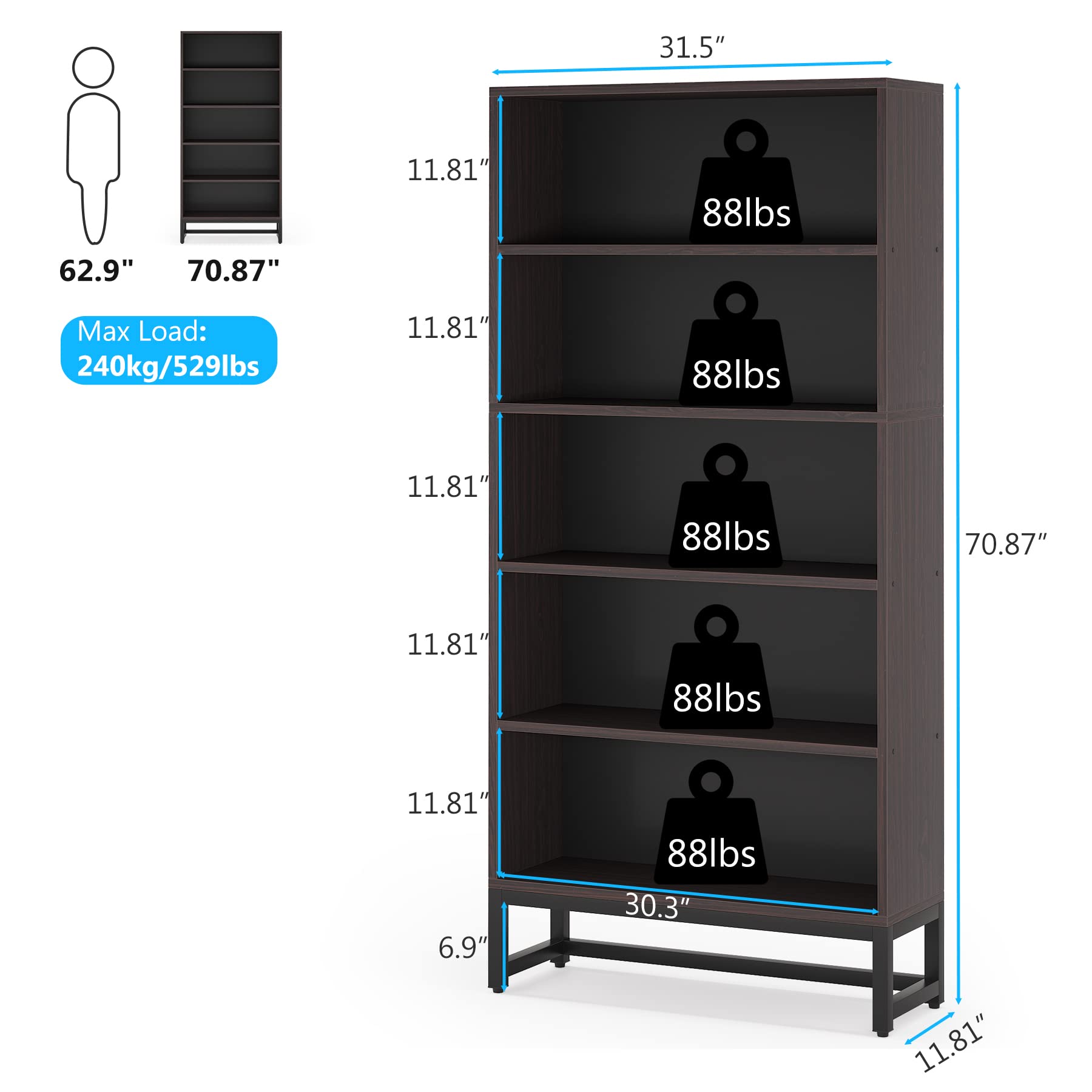 Tribesigns 70.8” Heavy-Duty Tall Bookcase & Organiser with 5-Tier Storage Shelves in Sandalwood - WoodArtSupply