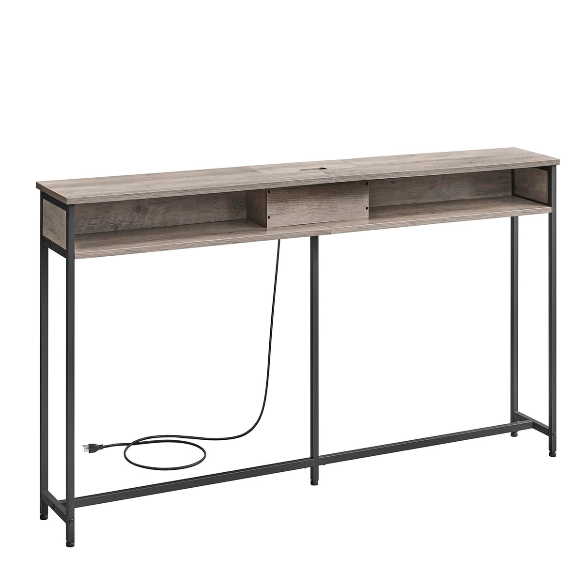 VASAGLE 55.1-Inch Console Table with Outlet and Shelves, Sofa Table with Charging Station, Behind Couch Table Skinny, Entryway Table for Hallway, Living Room, Heather Greige and Ink Black ULNT120K02 VASAGLE