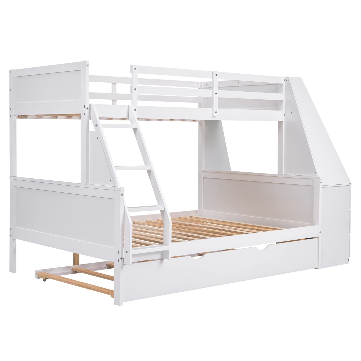 Bellemave Twin Over Full Bunk Bed with Trundle, Desk, Storage Drawers & Shelf in White - WoodArtSupply