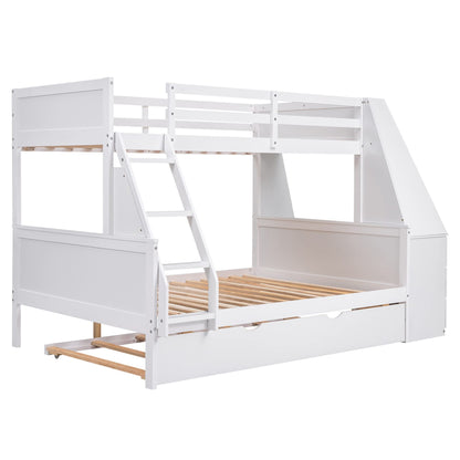 Bellemave Twin Over Full Bunk Bed with Trundle, Desk, Storage Drawers & Shelf in White - WoodArtSupply